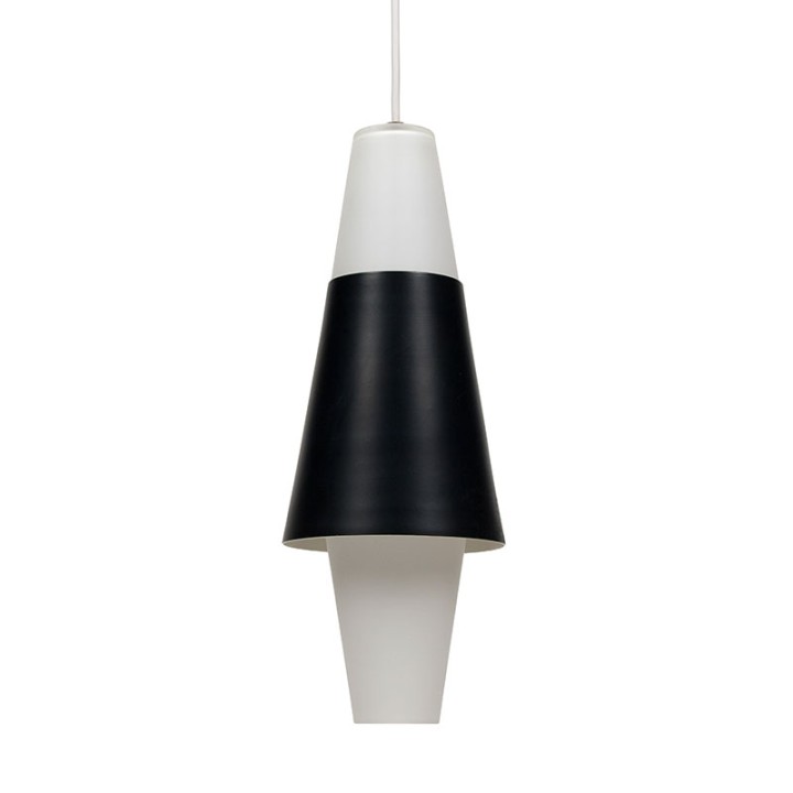 Opaline glazen Mid-Century hanglamp met zwart metalen detail